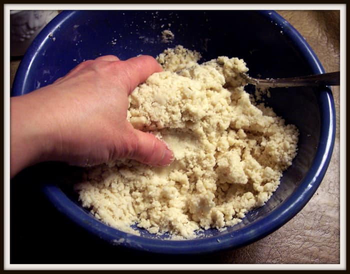 Generally, I will start with the fork and then work the mixture with my fingers. The goal is to end up with a bowl of flour-shortening bits that somewhat resemble pieces of rice or cornmeal.