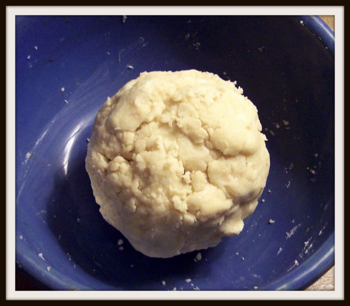 In order, the photos illustrate: the shortening bits; pushing the bits into a ball; and the formed ball.