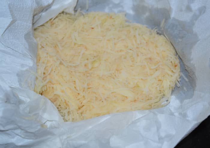 Now, the potato julienne are almost dry. You can saute them for 5 minutes with a few drops oil to par cook them. This process will help to dry them further. I didn't par-cook them.