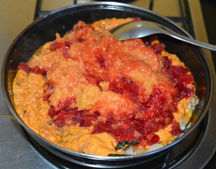 Step five: Add cooked beetroot-moong dal mix. Add remaining salt. Also, add water to adjust the consistency.
