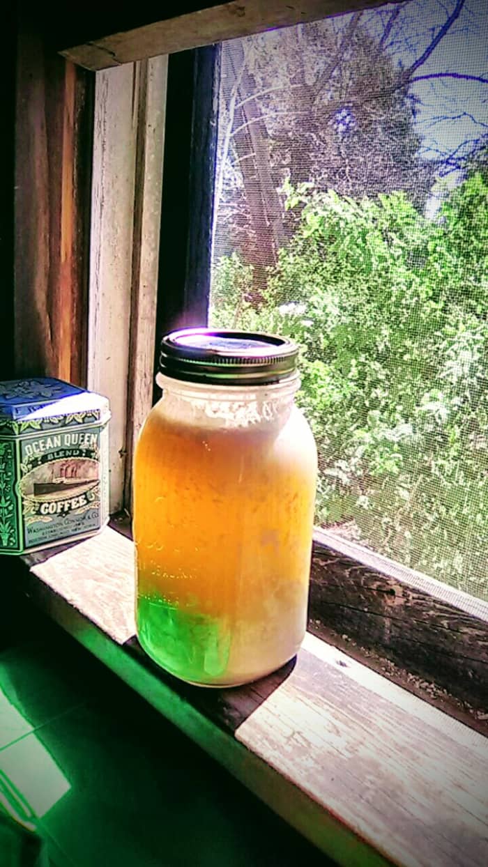 This jar has been sitting in my cellar for a while. You can see how the solids have settled, the cream has risen, and the whey has filled the space in the middle. (The sunlight makes it appear dark.)