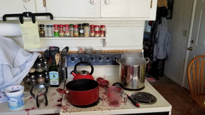 The pear blueberry mixture is very thick, even with the water added so when it heats up it bubbles and pops. I didn't realize this until after my kitchen was destroyed. The best way to avoid getting it everywhere is to make sure to constantly stir it