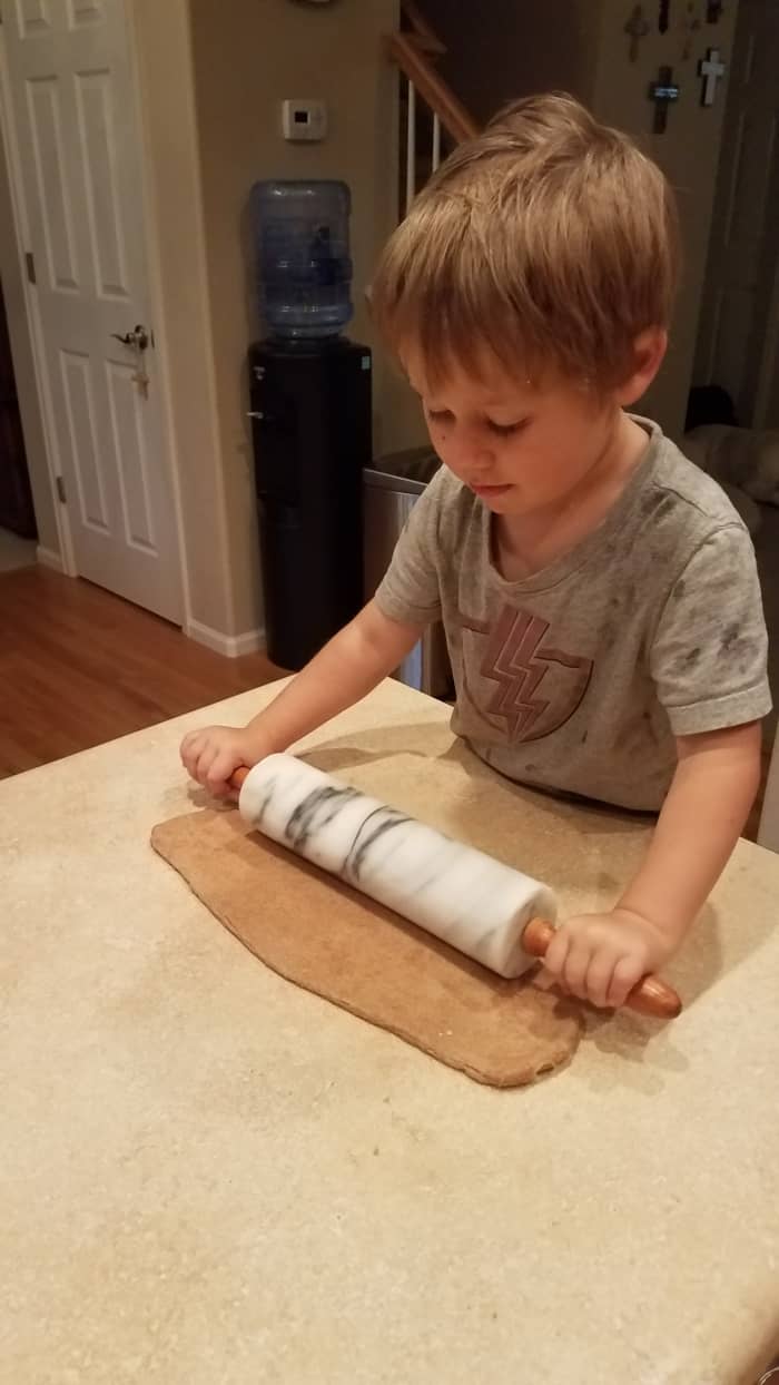 Roll one out into a flat rectangle on the counter. (Yes, I was very careful with my marble roller after that.)