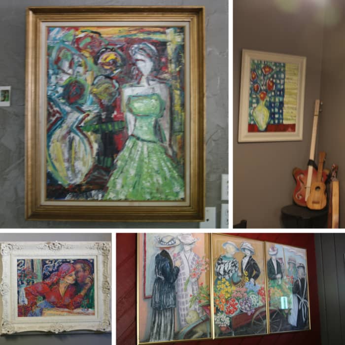 A collection of artwork that was displayed at Brew Coffeehouse during our visit.