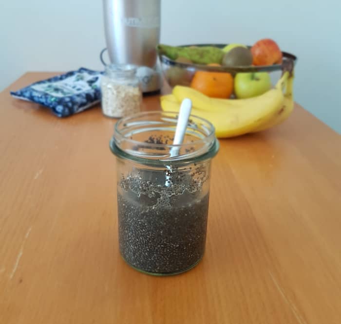 Chia seeds ready to be added to a smoothie. They have been lying in water for an hour.