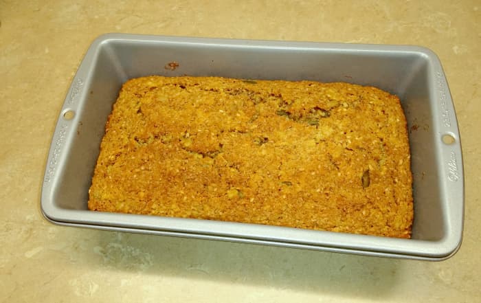 You can also bake this bread in a large size loaf tin. The advantage is the mixture can be more sloppy, without spreading all over the baking tray and the bread will be moister. This tin measures 9 1/4" x 5 1/4" x 2 3/4".