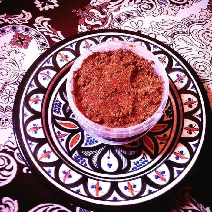 A brimming bowl of sfoof/sellou brought to me by my neighbors. The black and white plate is from Safi, where pottery is a profession.