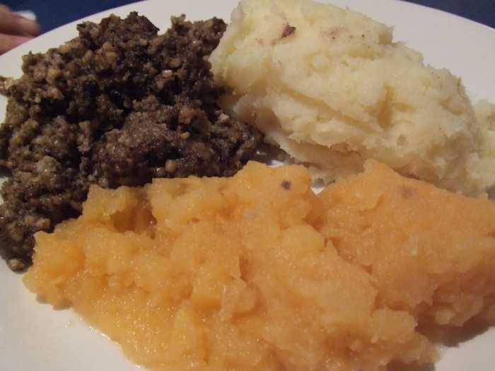 Haggis with neeps and tatties. No poutine here.