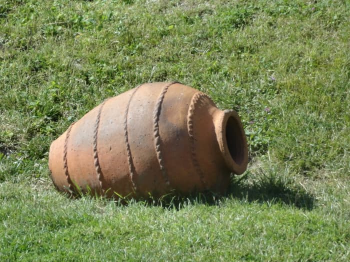A traditional Georgian wine making 'quevri' on display - these are normally stored upright and can be buried to the neck in the earth