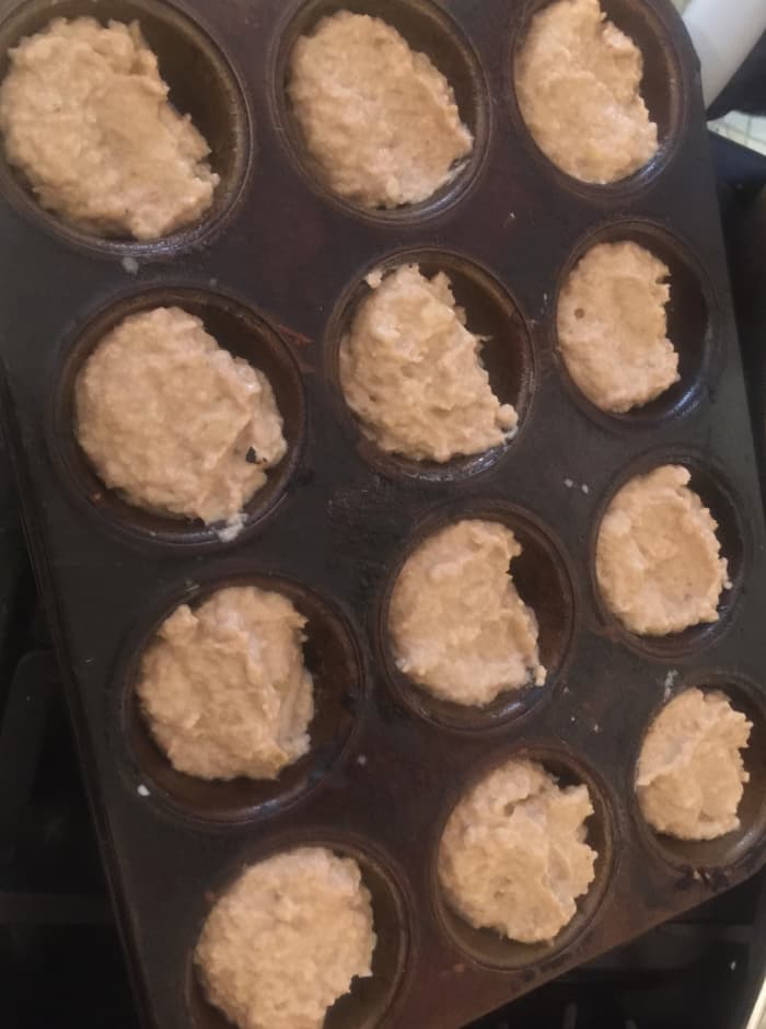 Each recipe makes approximately 15 muffins. They are large, sweet, and dense, and tend to have flat tops. You’ll see more of what I mean in the next few pictures.