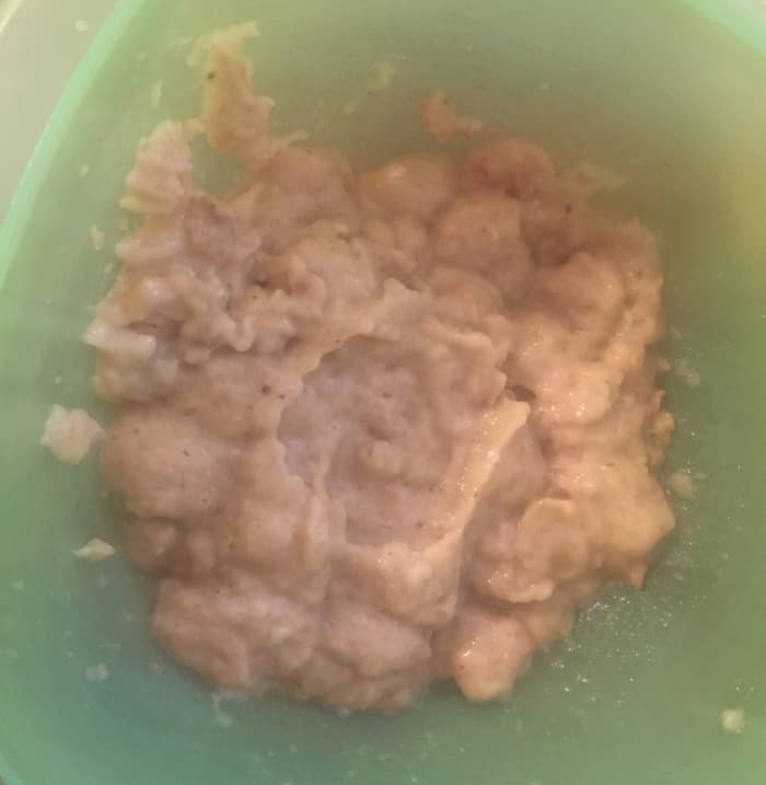 The apple-banana mixture doesn’t look all that appetizing at this stage, but don’t fret—we’ll turn it into delicious muffins in a flash.