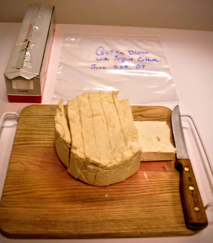 Slice the finished cheese however you like, and wrap each piece in plastic wrap. I like to put a week's worth of portions in a zipper bag after wrapping them individually.