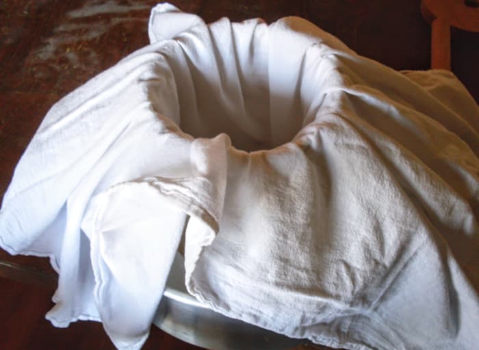 This is how the tube looks when I am about to fill it with curds, with the towel tucked and draped into position.