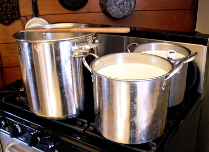 I am making several kinds of cheese today! The front right pot is our focus for this article. I have brought the milk up to temperature, added the ingredients—except salt—and the curds are forming.