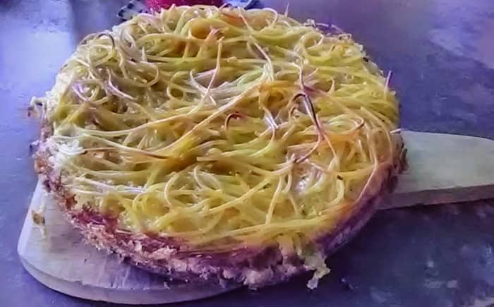 Kugel's appearance when unmolded is a bit untidy, like a bird's nest, but this only adds to its springtime charm. The eggs and oil make a pleasantly crunchy crust.