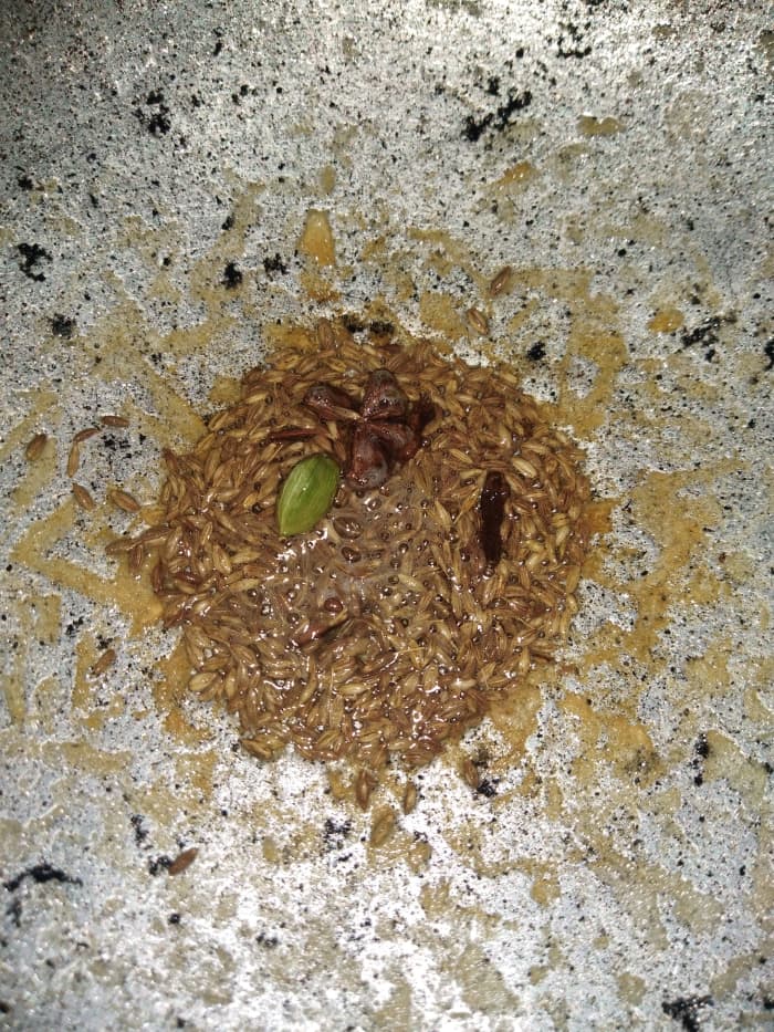 In a pan, heat oil. Add cumin seeds and let them crackle. Then add bay leaf, cardamom, cinnamon, clove, and star anise (if using).