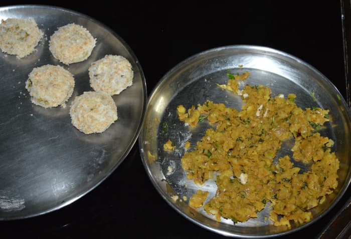 Step five: Make patties out of the potato mixture. Dip them in the all-purpose flour mixture. Next, coat each of them with bread crumbs.