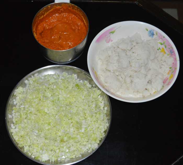 Step 3: Add the finely chopped cabbage, washed rice semolina, and salt to the bowl containing the paste.
