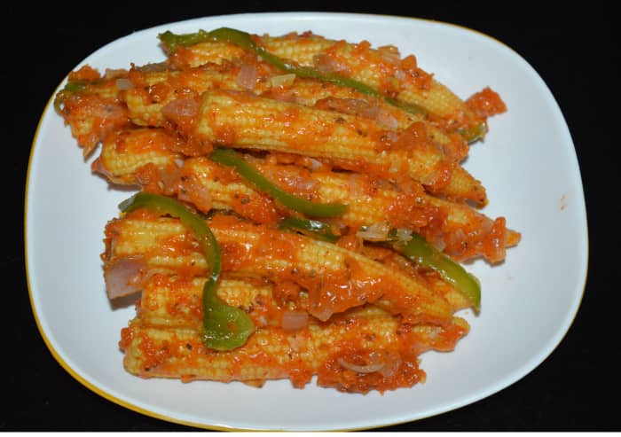 The baby corn satay is ready! Munch them guilt-free because they are nutritious and contain almost no oil.