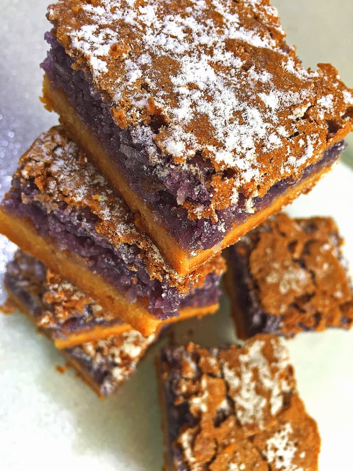 Ube shortbread bars are sometime filled with fruit curds instead of smashed purple yam.