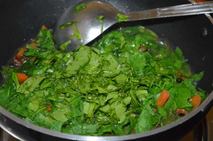 Step three: Add chopped spinach. Remove the lid. Saute on high heat until spinach is cooked (about 3-4 minutes). Turn off heat. Allow the mixture to cool.