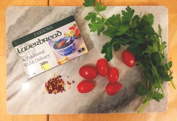 In this recipe I have used Parsons laverbread, as well as flat leaf parsley, chilli flakes and baby plum tomatos