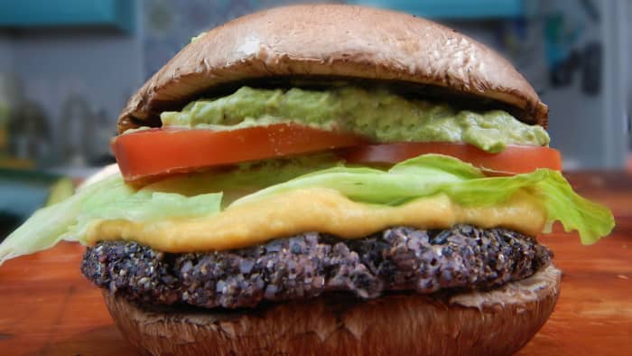 Sandwiched between two portabello mushroom buns, this seasoned raw black rice patty makes the burger!