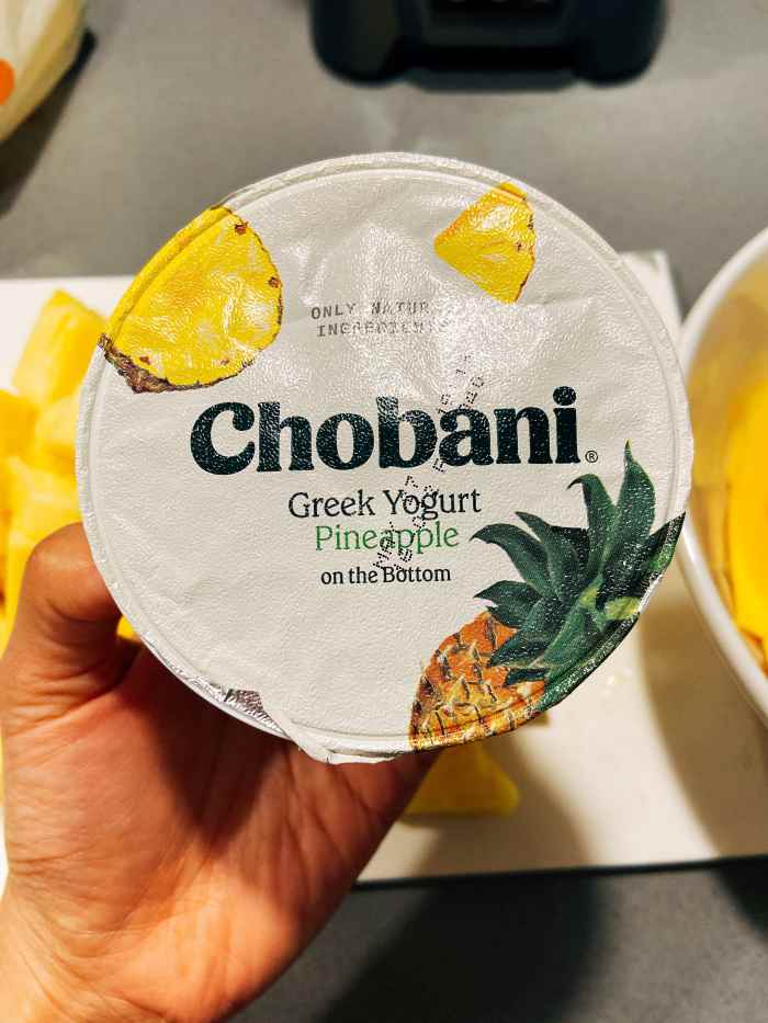 The Greek yogurt with pineapple chunks in it. 