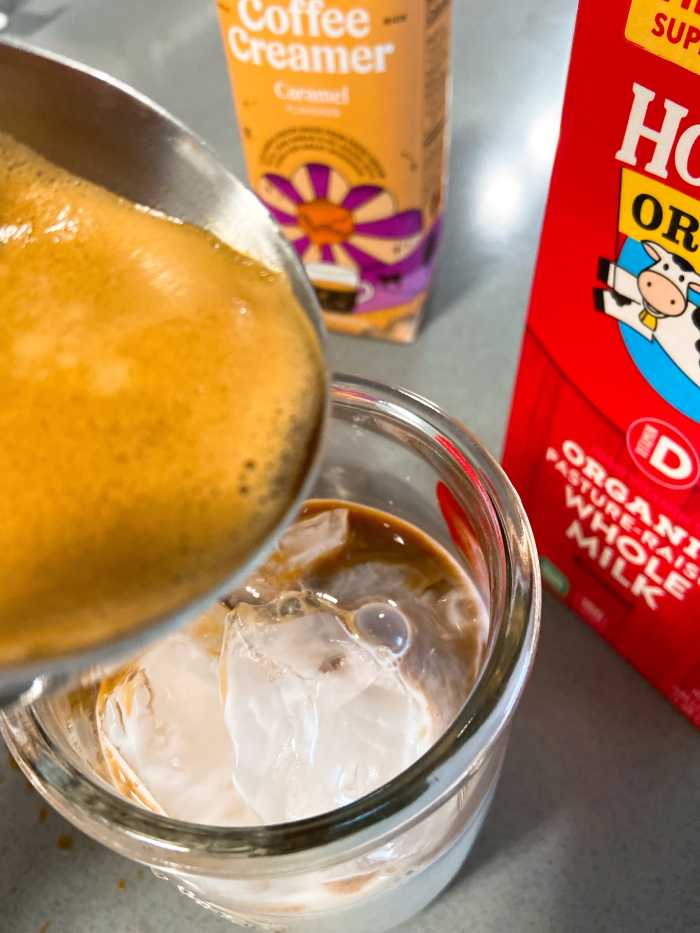 Pour the espresso into the glass. 