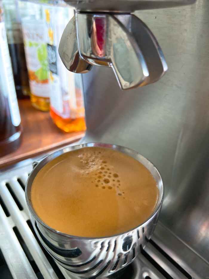 A strong espresso in an espresso cup. 