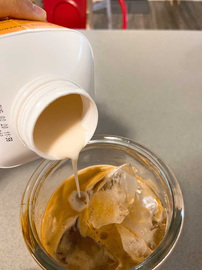 Add the caramel syrup or creamer. 