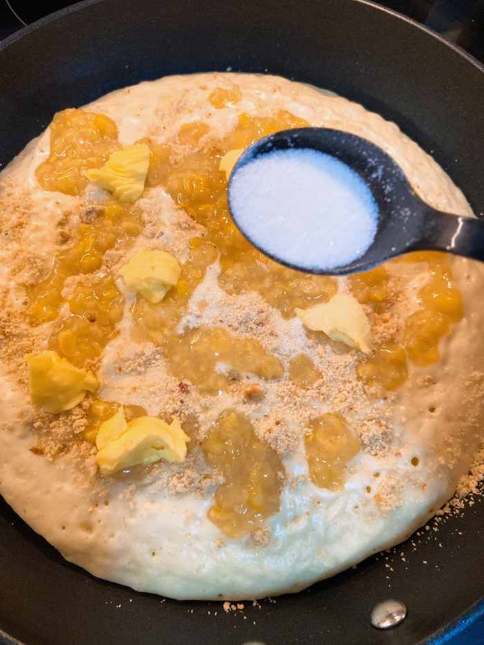 Add the margarine or butter, and sugar. 