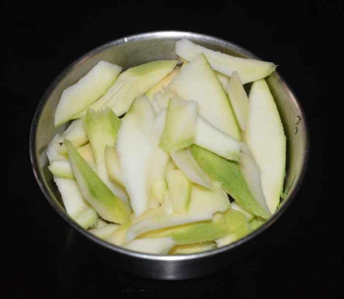 Step one: Peel the mango and thinly chop the flesh.