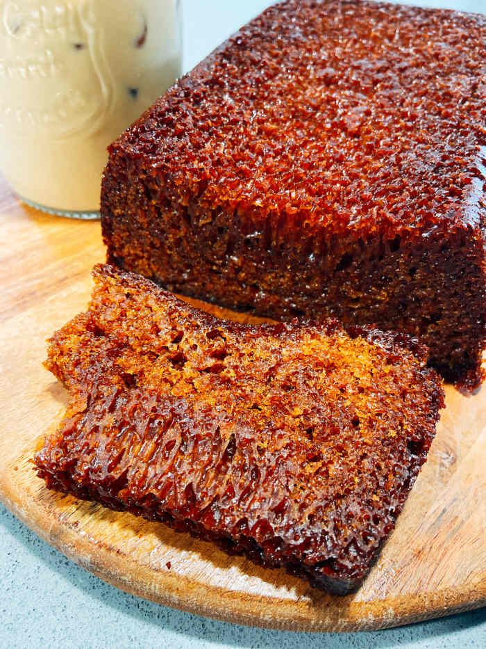 As you slice the cake you will see the honeycomb pattern.