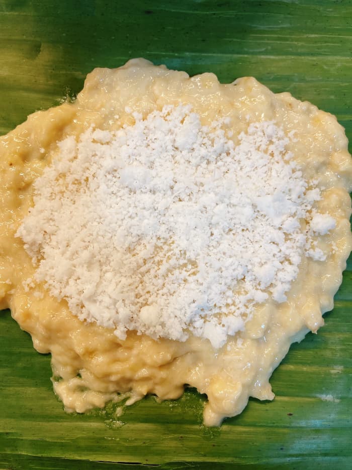 Place 2 teaspoons of the coconut filling and put it on top of the pancake mixture.