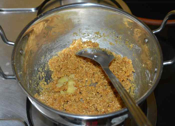 Add ghee. Mix well. Now, the stuffing is ready!