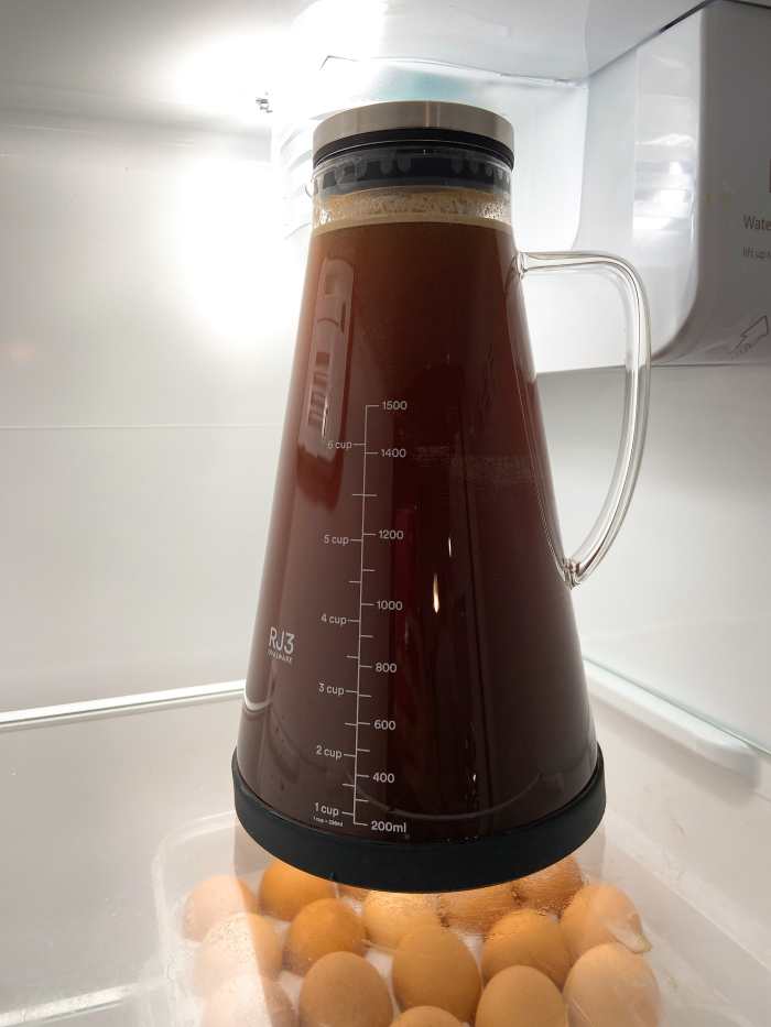 Allow the coffee to brew in the fridge for 12-18 hours, depending on your preference.