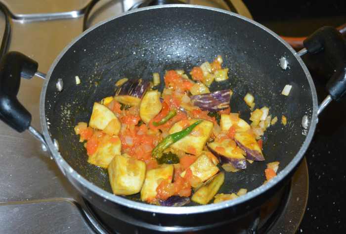 Continue to saute the mixture until the eggplant is nearly cooked through (but not completely).