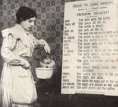 A WWI Era Italian immigrant makes her American breakfast with ESL lessons from the YMCA circa 1918.