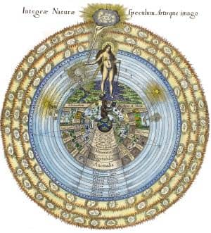 Robert Fludd's famous engraving of Nature mediating between the Divine and Man, the ape of Nature. Aristotle's theories remained influential up until the time of Fludd in the early 17th century.
