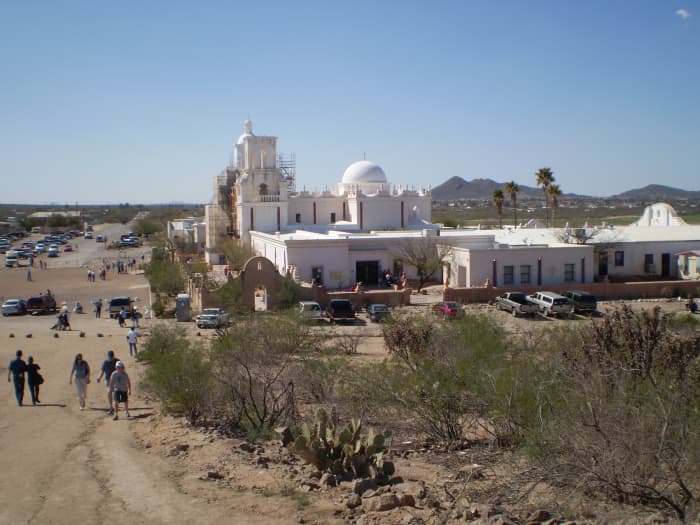 Founded in 1699, the sprawling Mission San Xavier del Bac, outside Tucson, Arizona, was one of many such missions in Spanish America. These churches were built to convert Native Americans.
