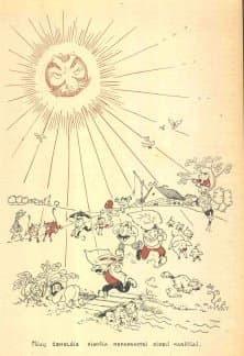 A satirical drawing shows Lithuanians fleeing Stalin's rays. The caption translates, "In our land there is still Big Heat."