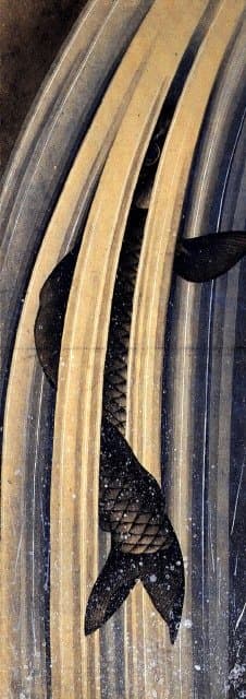 "Carp leaping up a cascade" by Katsushika Hokusai. Notice the incredible detail in this painting, including the droplets of water splashing around!