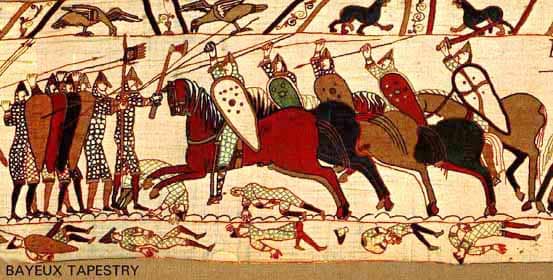 A portion of the Bayeux Tapestry displaying warriors on horseback and their use of the kite shield.