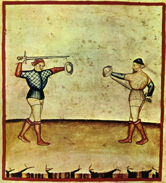 An illustration of a sword and buckler from a 14th century Italian manuscript.