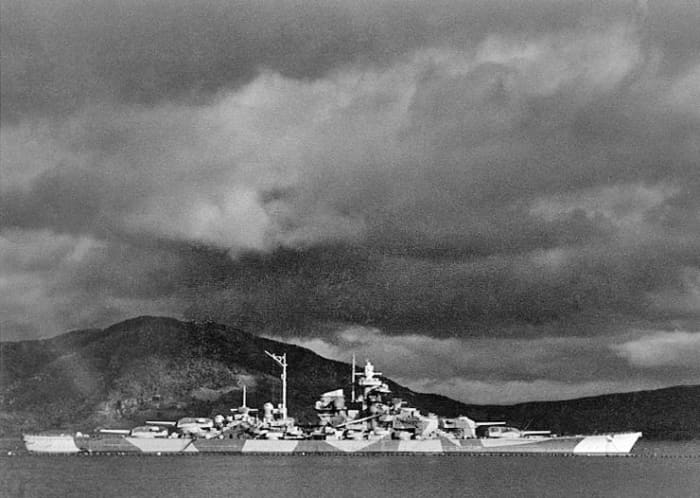 WW2: The German battleship Tirpitz in Bogen Bay in Ofotfjord, near Narvik, Norway, during World War II. Circa 1943-1944.