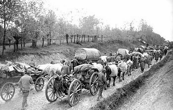 WWI: Ox drawn transport and artillery of the Serbian Army during its retreat to Albania.
