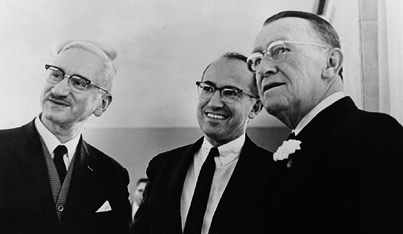 Due to the animosity that Sabin felt for Salk, this photo of - left to right - Sabin, Salk, and O'Connor is a rare one.