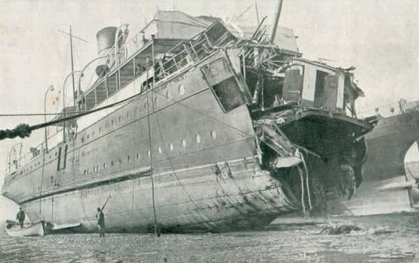 World War One: Crossing the Channel was dangerous. A cross-channel ferry (the "Sussex") torpedoed in 1916.