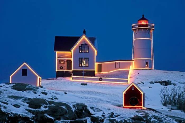 The Nubble Light in Southern Maine dons Christmas lights during the yuletide season.